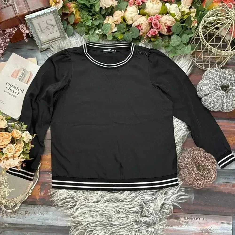 Karl Lagerfeld Black Satin Crewneck Pullover with Racer Stripe Trim, L